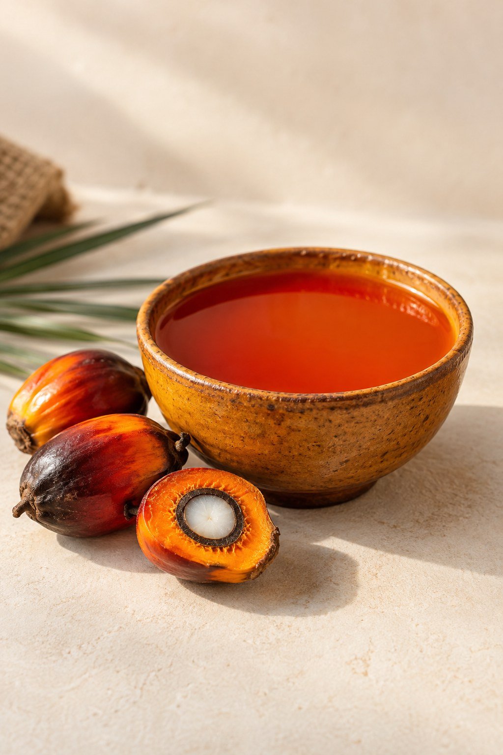 Unrefined red palm oil in a ceramic bowl