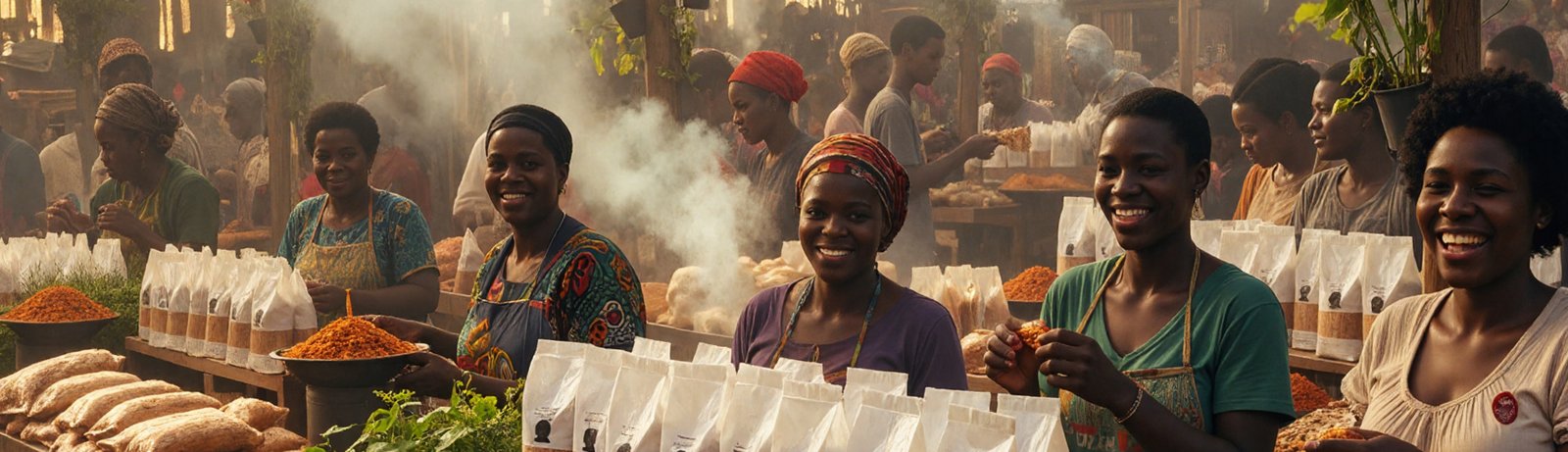 Women preparing and sharing Folefac foods at a market